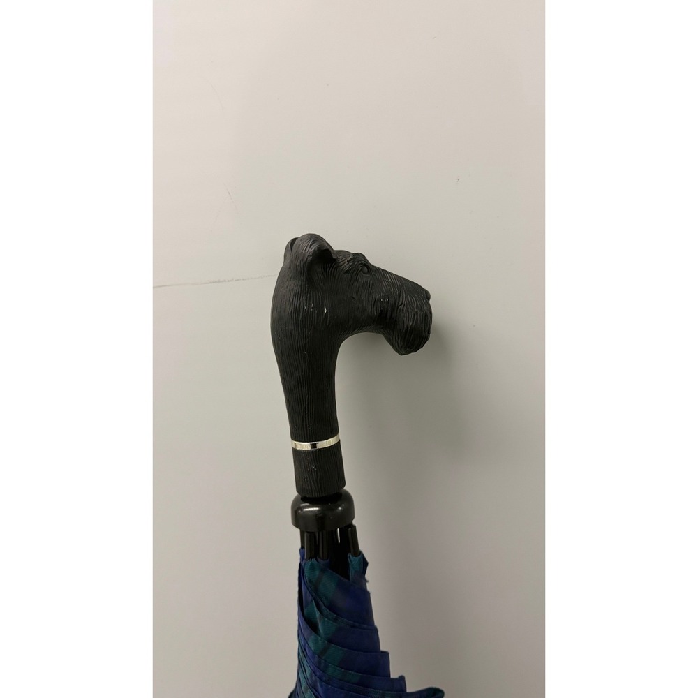 Vintage Scottie Dog Head Handle Umbrella Black Watch Tartan Plaid Green Blue